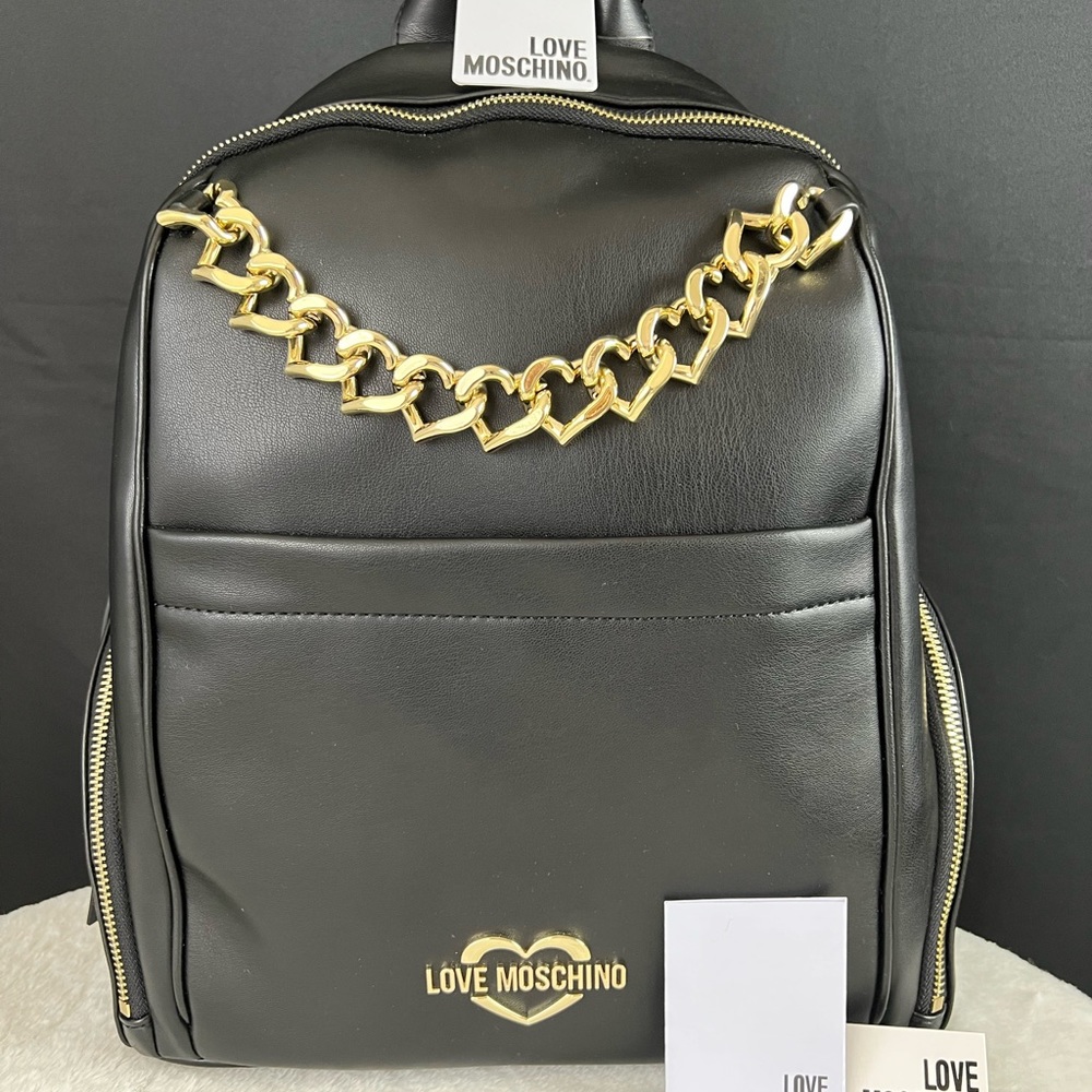 Love Moschino Black Leatherette Backpack with Gold Heart Chain